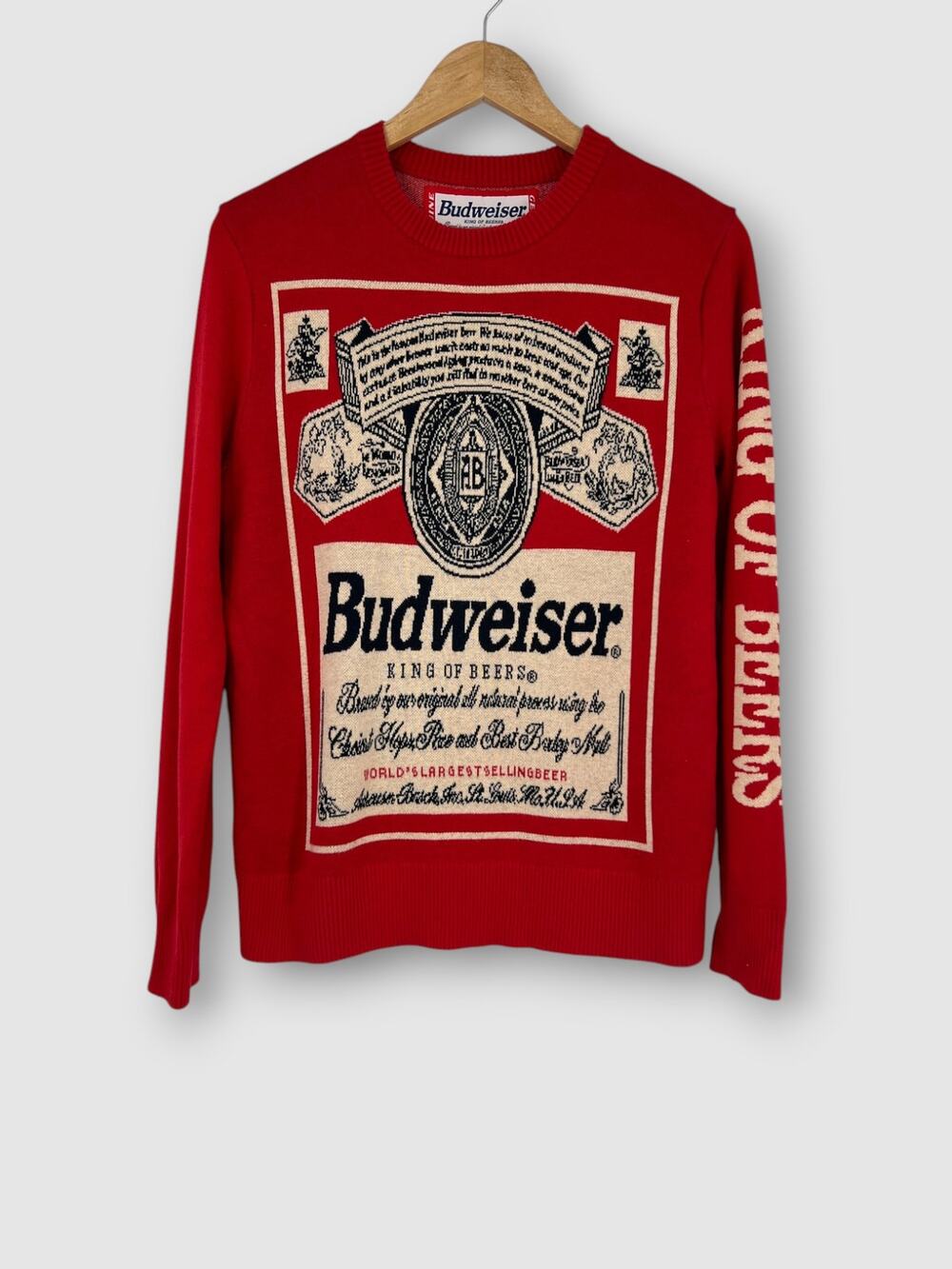 Budweiser King of Beers Red Intarsia Knit Crewneck Sweater Size SM